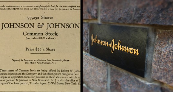 J&J common stock and company sign