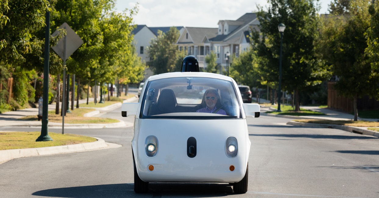 A Google self-driving vehicle in a suburban area.