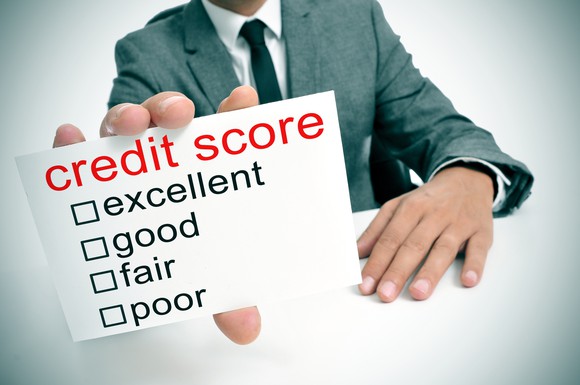 Part of a man in a suit seen - he's holding out a card on which is written "Credit score" and below it the words excellent, good, fair, and poor