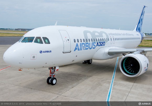 An Airbus A320neo on the ground, as seen from the front.