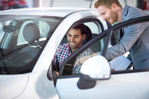 Car shopper with sales manager.