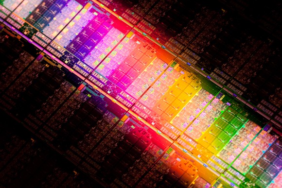 A wafer of Intel processors.