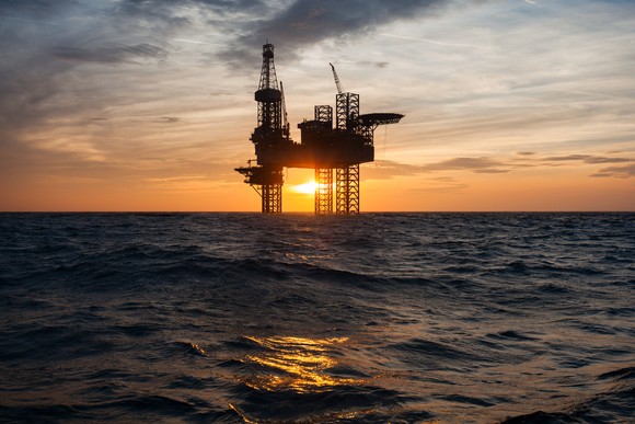 Silhouette of an offshore oil drilling rig
