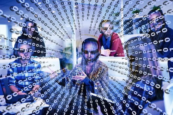 Several humans in an office with AI-inspired heads in a sea of binary code