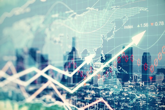 A picture with arrows meant to signify market movements.