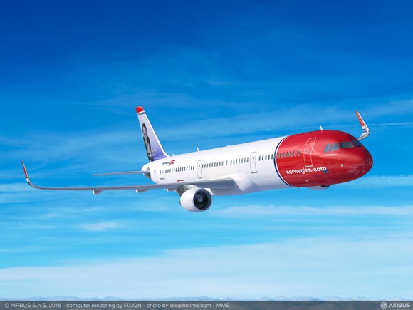 A rendering of a Norwegian Air A321LR.