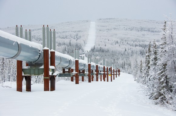 A pipeline going up a snowy mountain.