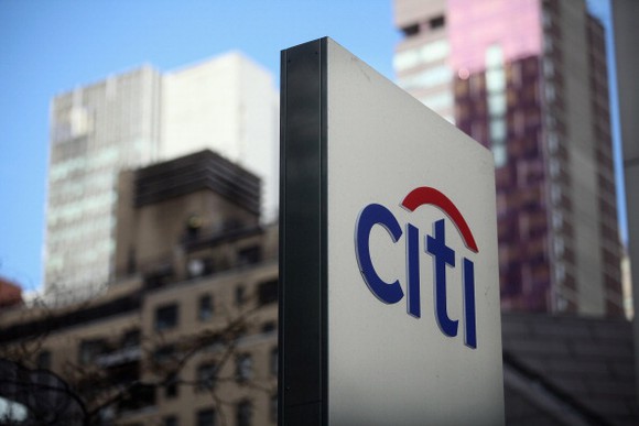 The Citigroup logo on a sign.