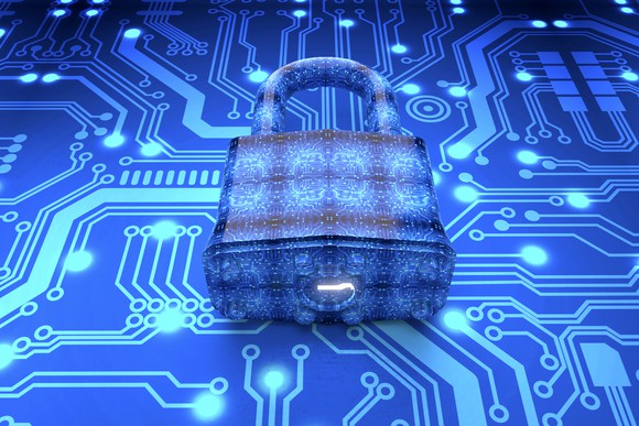 digital safety concept padlock in electronic environment.