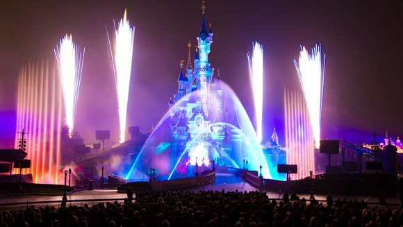 A Disneyland Paris light show at night.