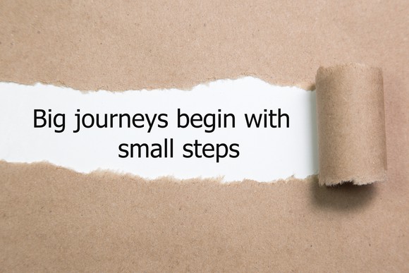 The motivational quote "Big journeys begin with small steps" appears behind torn paper.