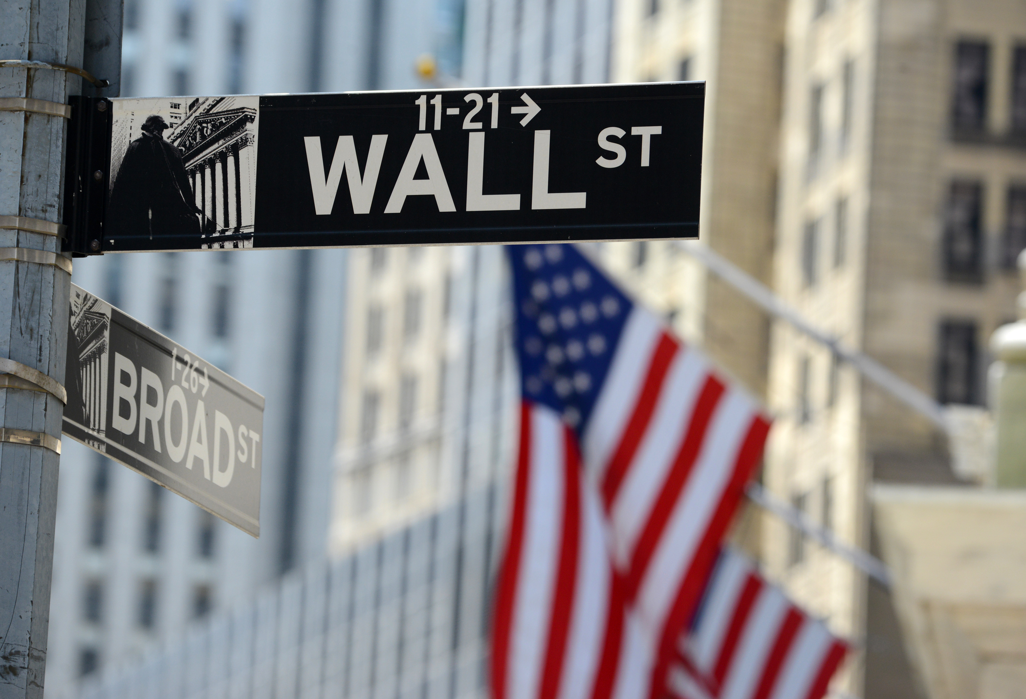 The corner of Wall Street and Broad Street in New York City, near the New York Stock Exchange