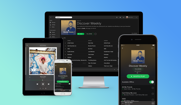 Spotify's app running on two smartphones, one tablet, and a desktop computer