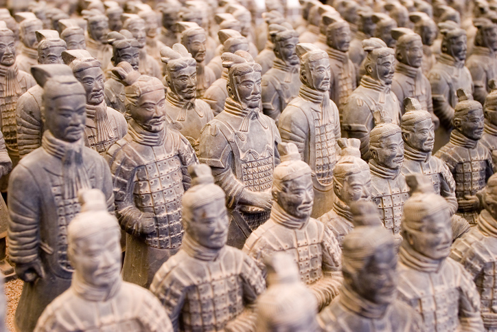 Terracotta warrior figurines lined up as if in military formation