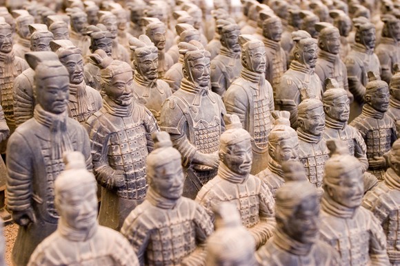 Terracotta warrior figurines lined up as if in military formation