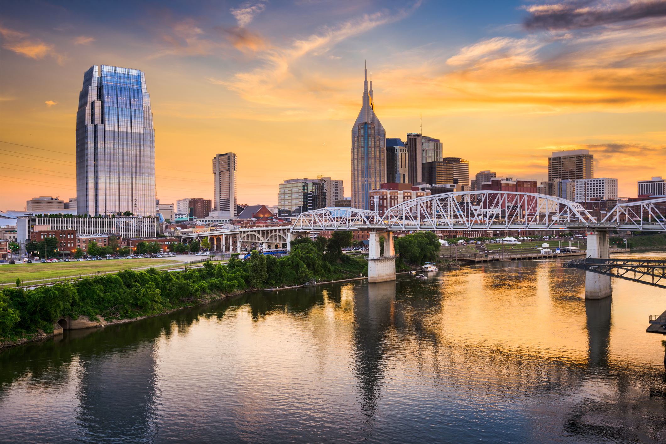 The Nashville, Tennessee skyline at sunset.