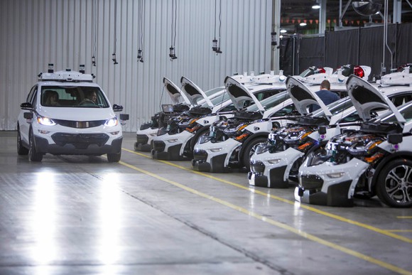 A line of Chevy Bolts in a factory.