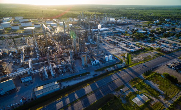 Oil Refinery at Sunset with long shadows.