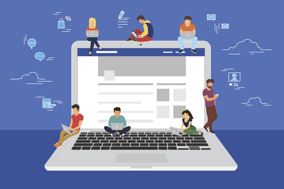 Cartoon of people surfing the web on various devices and interacting with social media.