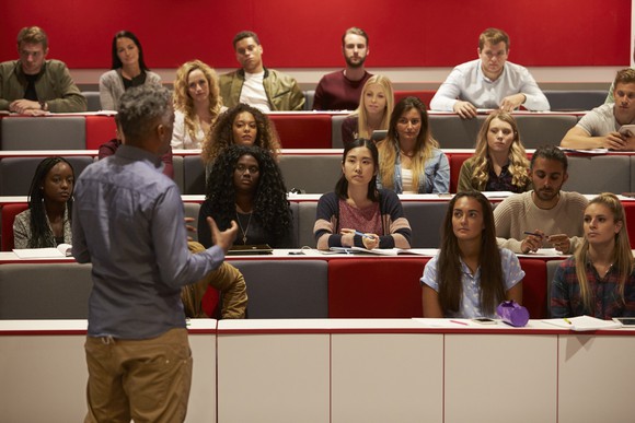 College students in a lecture classroom