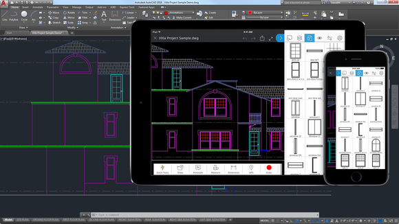 Autodesk's AutoCAD program, as seen on a computer screen, a tablet, and a phone.