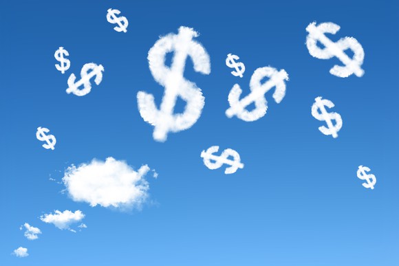 white dollar signs floating like clouds in the blue sky