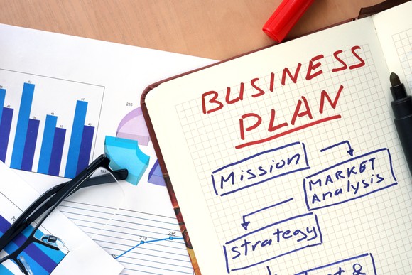 Sample business plan on a table.