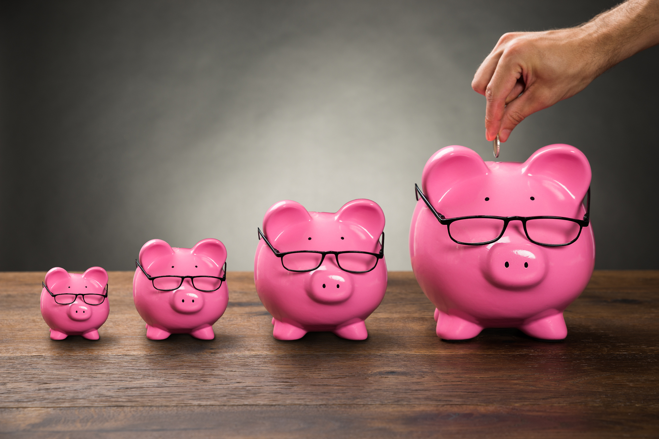 A row of increasingly larger piggy banks.