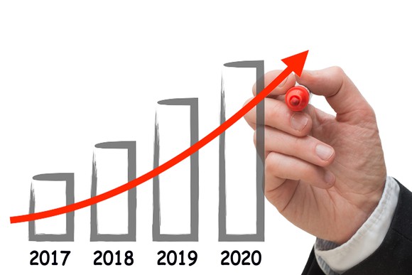 Concept of business man drawing growth chart for the year 2020.