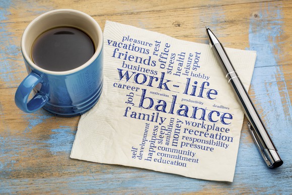 A napking with a Work-life balance word cloud.