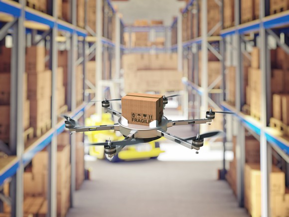 Rendering of a drone flying through a warehouse delivering packages.