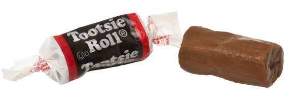 Tootsie Roll wrapped and unwrapped.
