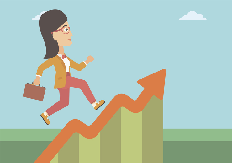 Illustration of cheerful businesswoman holding briefcase, running up an upward sloping graph with blue sky and clouds in the background.
