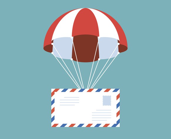 International air mail envelope hoisted by red-striped parachute.