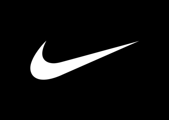 Nike white swoosh logo on black background.