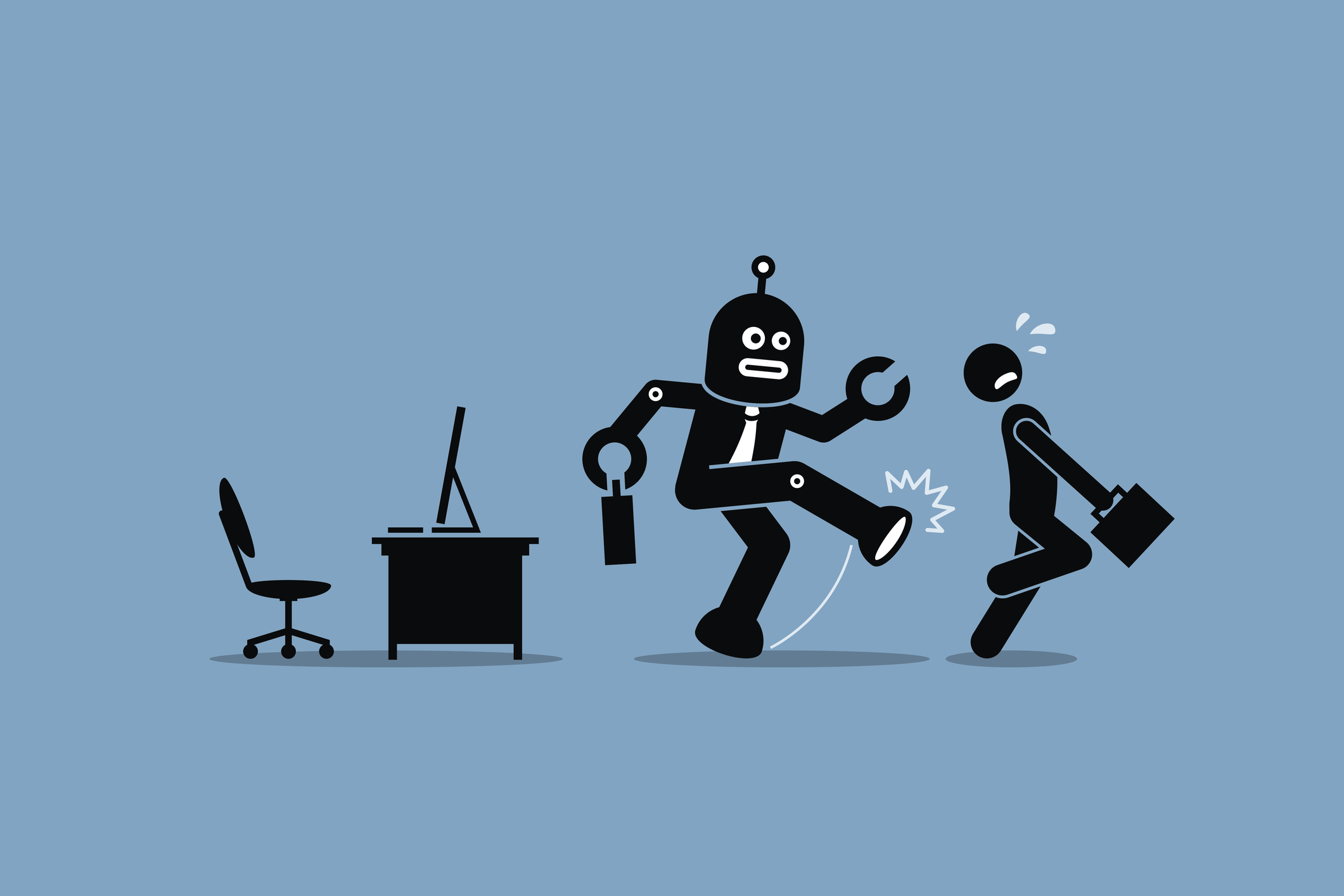 A robot kicks a human out of his desk (drawing)