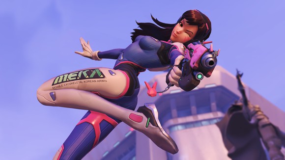 Screenshot of "Overwatch" female character posing in an acrobatic leap in the air while pointing weapon at camera