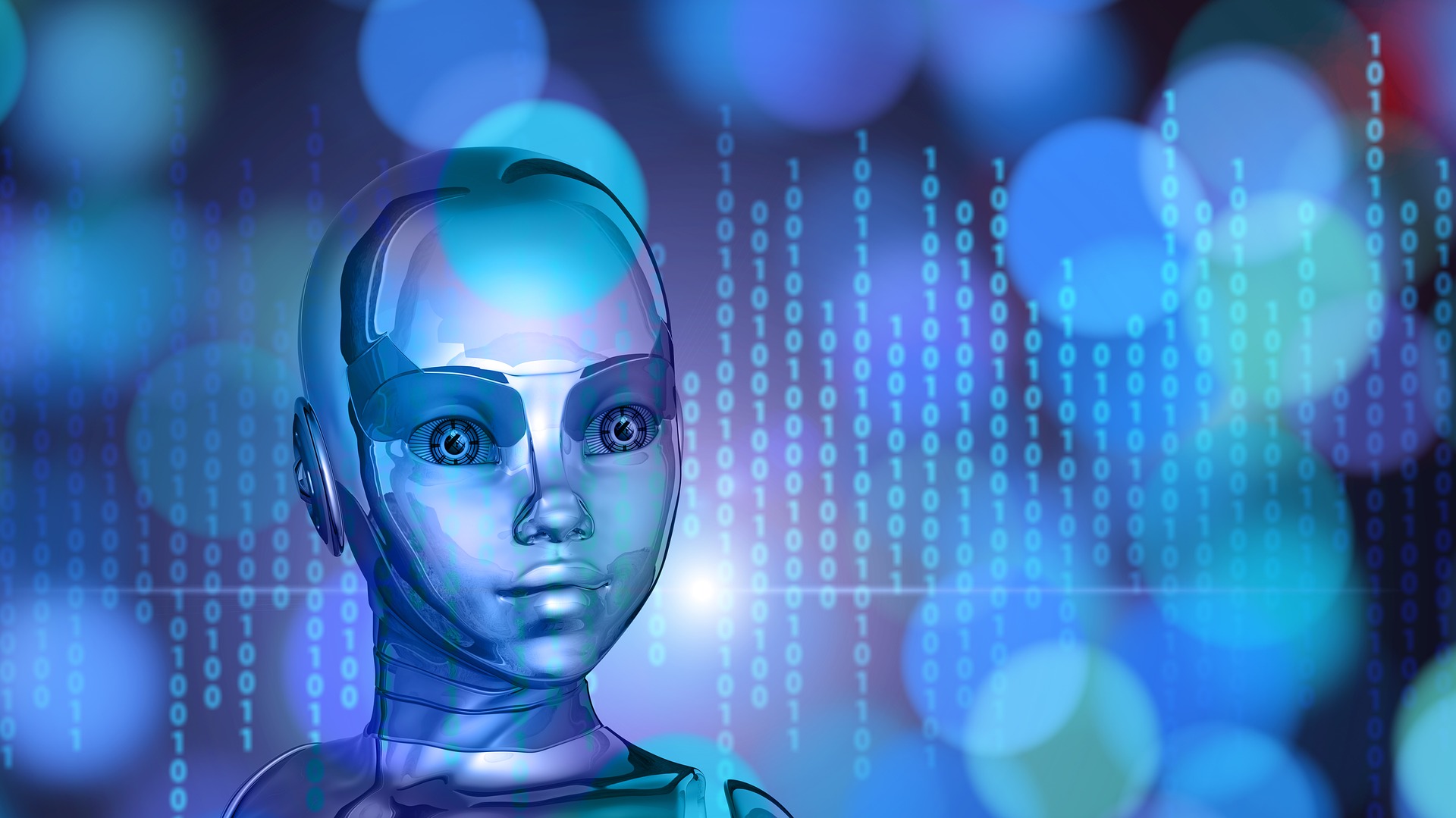 Metallic feminine head on a binary overlay with bokeh background.