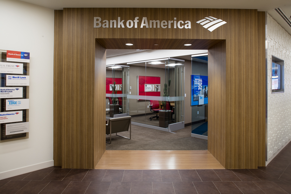 Entrance to a Bank of America branch.