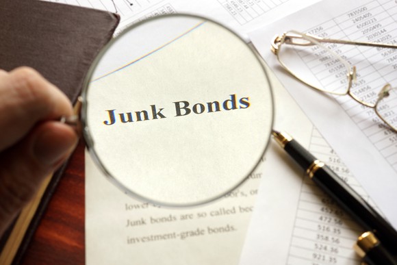 The words "junk bonds" under a magnifying glass