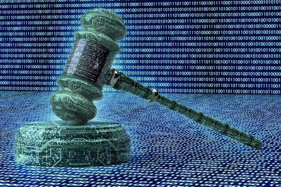 Digital illustration of a gavel made out of 1s and 0s