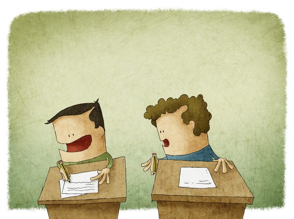 A cartoon of one child copying the test answers of another