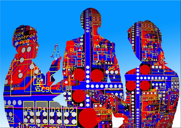 Three human silhouettes overlaid with circuit board images.