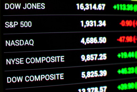 A quote board for the Dow, Nasdaq, and S&P 500.