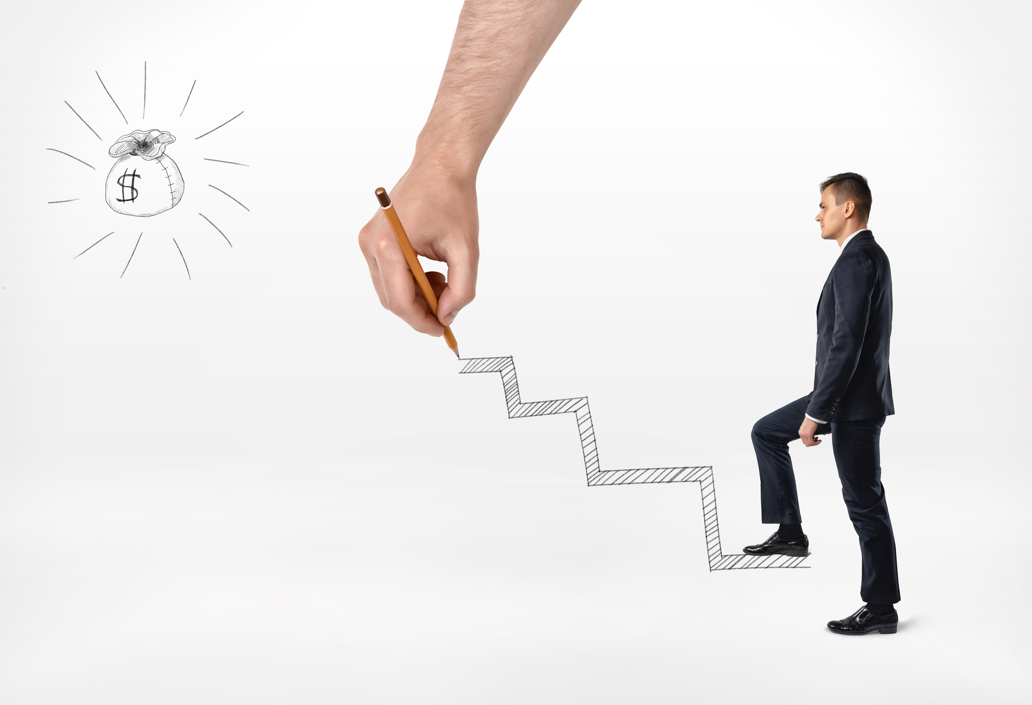 Man with drawing of steps leading to bag of money