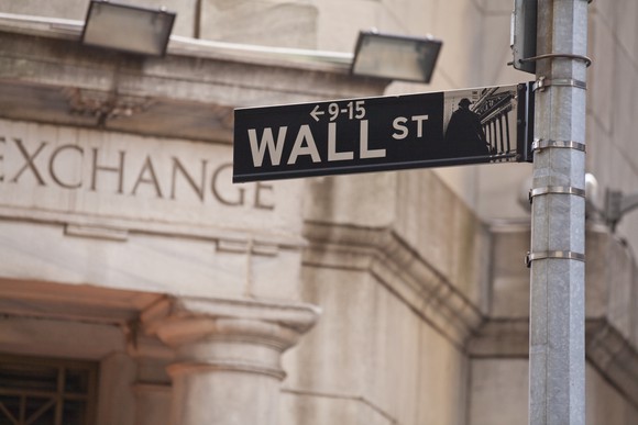 Picture of stock exchange and Wall Street sign
