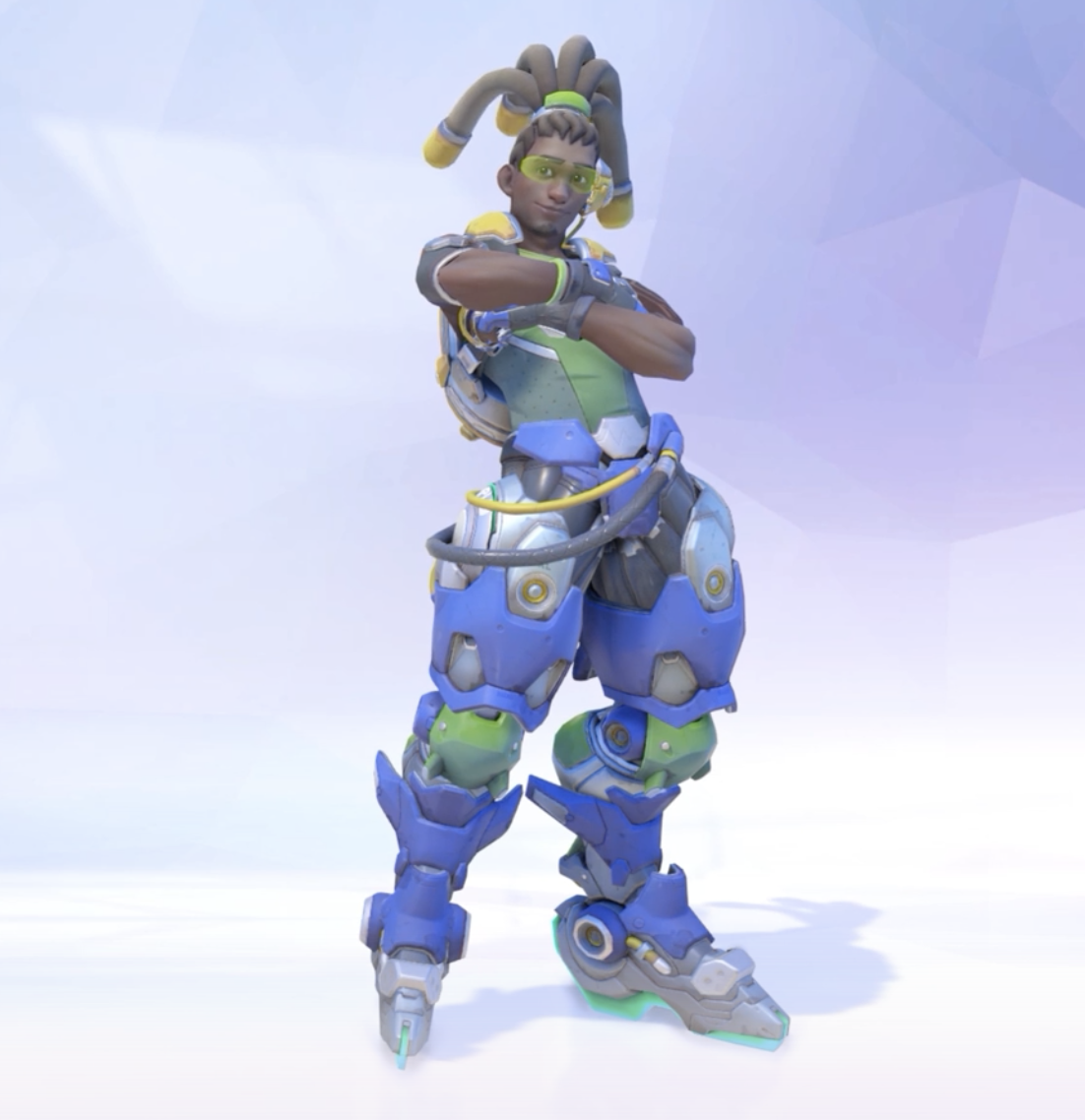 "Overwatch" character posing with arms folded across chest and wearing a robotic outfit around his legs colored in green and purple.