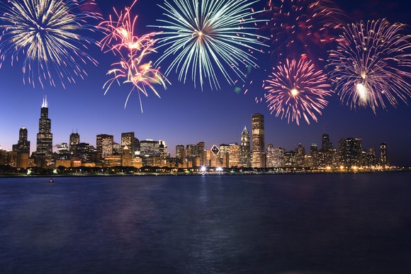 Fireworks over the Chicago skyline.