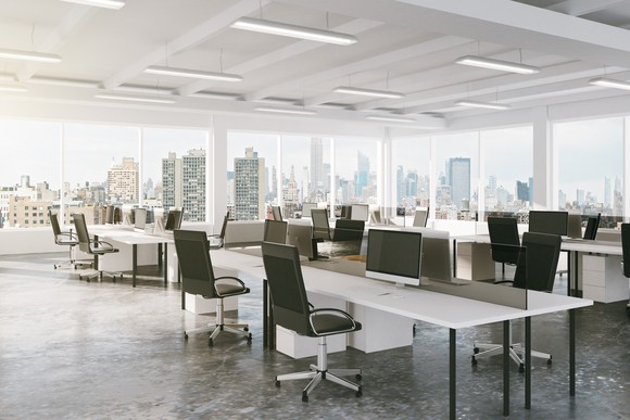 Modern office furniture in a high rise office building.