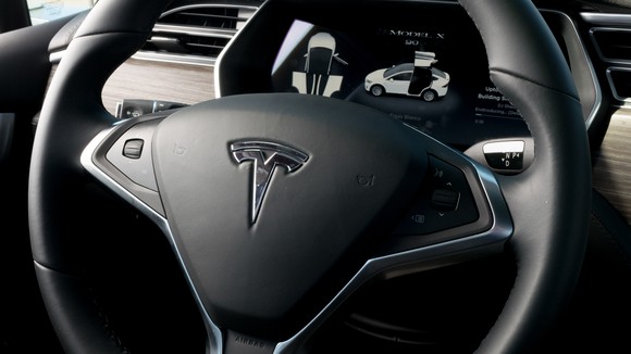 Tesla logo on steering wheel